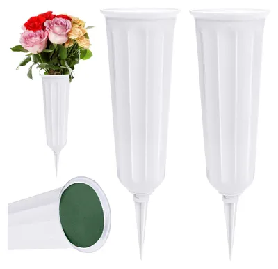 Produktbild von 2 Stück Grabvase mit Erdspieß und Blumensteckschaum, Grabvasen für Grabstätten, Friedhofsvase, Garten- und Rasendekoration (Weiß)