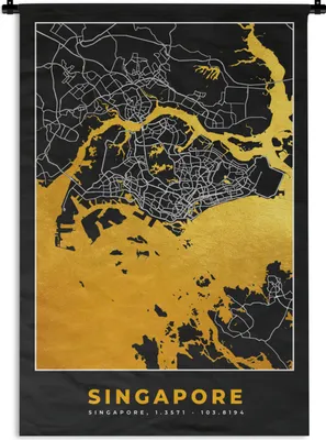 Produktbild von MuchoWow® Wandteppich Wandbehang Singapur - Stadtplan - Gold - Karte 120x180 cm Tapisserie Dekoration Wandtuch - Schlafzimmer - Dekorationen für das Haus