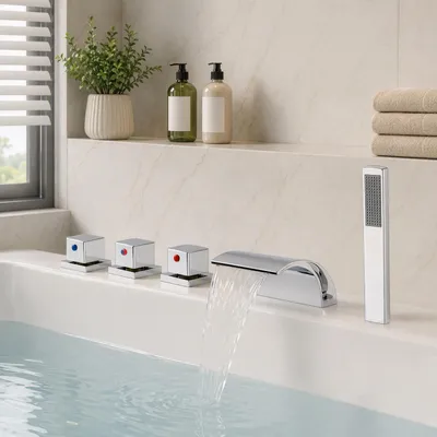 Productafbeelding van Badkraan met 5 aansluitingen, inclusief handdouche. Wastafelkraan. Badkraan. Kraan voor de badrand, watervalmodel