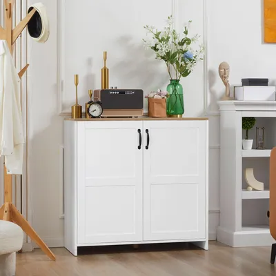 Produktbild von Sideboard Anrichte im modernen Landhausstil, Küchenschrank aus Holzwerkstoff in Weiß/Eiche-Optik, Kommode mit 2 Türen & verstellbaren Regalböden, 90x39,5x88 cm