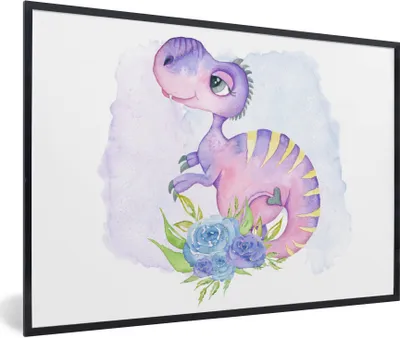 Produktbild von MuchoWow® Gerahmtes Poster Dinosaurier - Kinderzimmer - Lila - Mädchen - Kinder - Kinder 90x60 cm - Poster mit Schwarzem Bilderrahmen Wandposter Rahmen Foto Bilder - Fotorahmen - Foto-Plakat