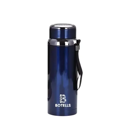 Image de Botells Bouteille isotherme 800 ml, acier inoxydable, passoire à thé, dragonne, robuste, isolée par le vide, double paroi, neutre au goût (bleu avec brosse de nettoyage)