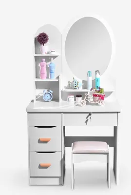 Image de Coiffeuse avec miroir rond et tabouret pour la chambre Babette