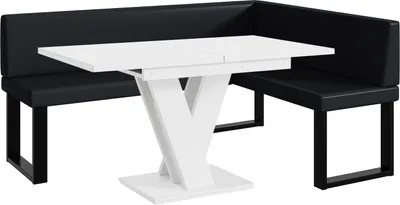 Produktbild von MEBLINI Eckbank für Esszimmer mit ausziehbarem Tisch  - Küchenbank - Essecke - Sitzecke Küche - TONI - U-Beine 128x168x87cm Rechts - Schwarz Kunstleder/M Weiß Matt