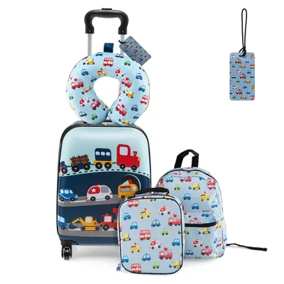 Produktbild von DREAMADE Reisekoffer-Set, 5-teiliges Kofferset mit 38 cm großem Hartschalenkoffer & 33 cm Rucksack, Reisegepäck(Blau-Auto)