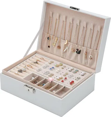 Produktbild von Yakimz Schmuckkästchen, Schmuckschatulle mit 2 Ebenen,Schmuckkasten , für Halsketten, Ringe, Armbänder, Ohrringe, Weiß
