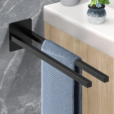 Image de Porte-serviettes sans perçage, en acier inoxydable, 39 cm, noir, à deux bras