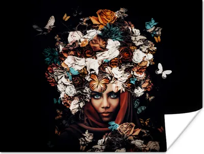 Produktbild von MuchoWow® Poster Blumen - Schmetterling - Frauen - Kopftuch 120x90 cm - Wandbild