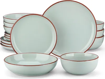 Image de vancasso Service combiné de 16 pièces en faïence, Set de vaisselle de style moderne, Set avec assiette plate, assiette à gâteau, bol à soupe et bols multi-usages, vert clair