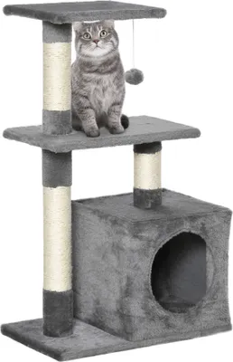 Produktbild von PawHut Kratzbaum für Katzen, 81,5 cm, Katzenturm mit Sisalpfosten, 2 Höhlenplattformen und hängendem Ball, eleganter Stil, 50 x 30 x 81,5 cm, Grau