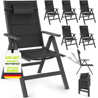Image de Chaises de jardin Tillvex avec rembourrage Premium, lot de 6, anthracite, pliables, en aluminium | Dossier haut avec accoudoirs | Chaises pliantes réglables | Fauteuils pliants pour balcon, jardin et terrasse