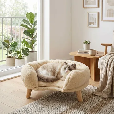 Produktbild von Katzensofa mit Rundem Kissen und Holzbeinen Katzensessel Haustiersofa Katzenbett 50*40*24 cm Beige