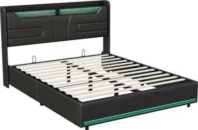 Produktbild von Doppelbett - Polsterbett mit Stauraum - 160×200 cm - Holzgestell - Gepolstertes Kopfteil - Mit Lattenrost - Ohne Matratze