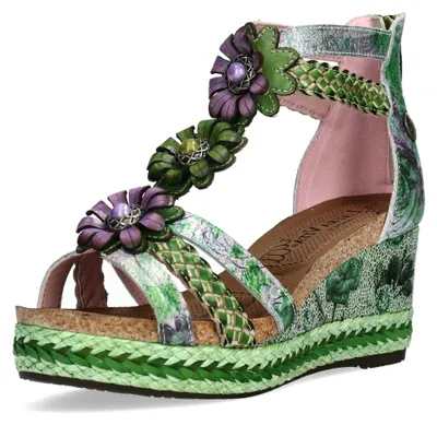 Produktbild von Laura Vita Damen Sandalette Espadrille mit T-Riemen Blumenapplikationen Facyo 72, Größe:41 EU, Farbe:Grün