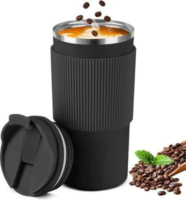 Image de Mug de voyage en acier inoxydable de 450 ml avec double paroi isolante, pour boissons chaudes et froides telles que le café, le thé et l'eau, noir