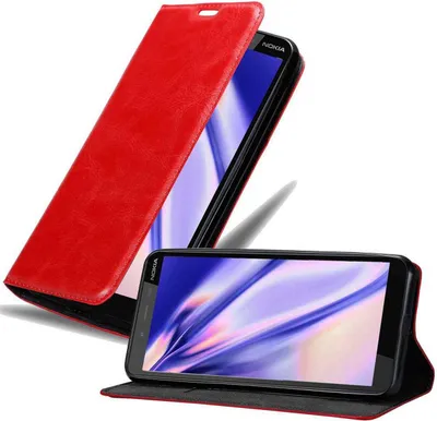 A red flip case for a Nokia phone is shown, with the phone inside and its screen displaying a colorful abstract image.