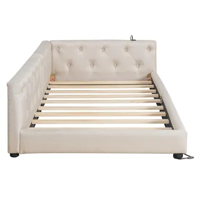 Produktbild von Flieks Tagesbett Daybed Schlafsofa 90x200cm mit USB & Type-c, Polsterbett Einzelbett mit LED, Sofabett Jugendbett mit Rückenklehne, Leinen, Beige