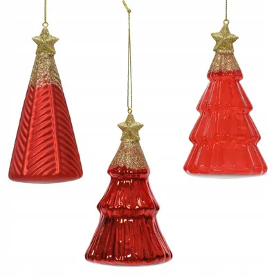 Productafbeelding van Glazen kerstornament in de vorm van een kerstboom, rood met gouden glitter, 6,7 × 12,6 cm, 1 stuk