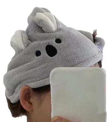 Produktbild von Mikrofaser-Haarturban für Damen, Koala-Haartrockenhandtuch mit Knopf, saugfähig, schnelltrocknend, reduziert Frizz, ideal für Bad, Dusche und Spa