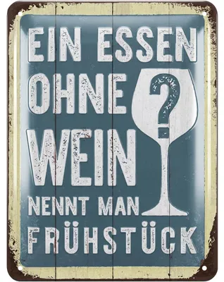 Produktbild von LANOLU Retro Blechschild Essen ohne Wein - Frühstück, vintage Metallschilder mit Sprüchen, Shabby Chic Deko Küche und Garten, 15x20cm