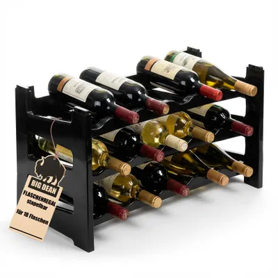 Produktbild von BigDean Flaschenregal stapelbar für 18 Flaschen Weinregal aus Kunststoff Schwarz Getränkeregal Flaschen Regalsystem für Glas- & PET bis 1,5 Liter