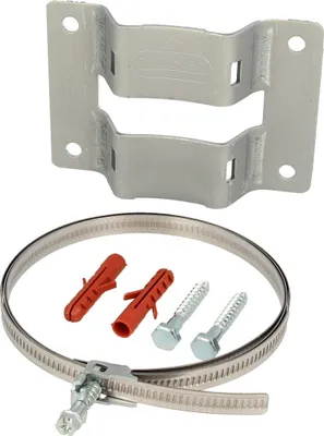 A set of mounting hardware for expansion vessels, including a bracket, hose clamp, screws, and wall plugs.