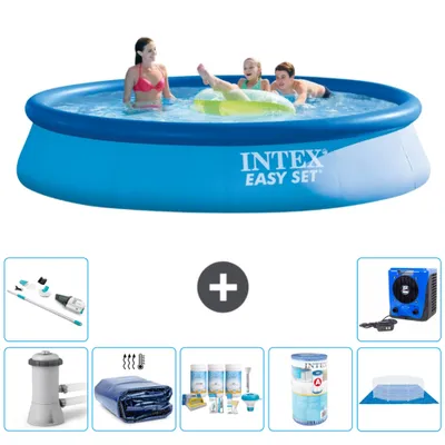 Produktbild von Intex runder aufblasbarer Easy Set-Schwimmpool – 396 x 84 cm – Blau – inklusive Pumpe Sonnensegel - Wartungspaket - Filter - Bodenplane - Staubsauger - Wärmepumpe