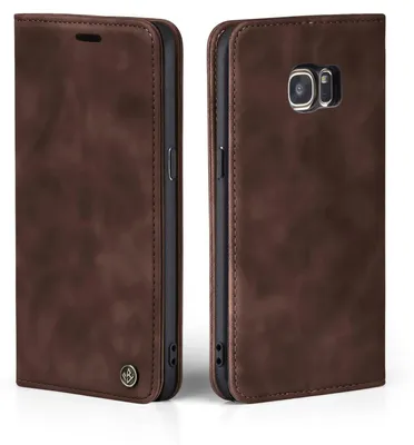 A brown flip cover for a Samsung Galaxy S7 edge phone, shown from two angles.