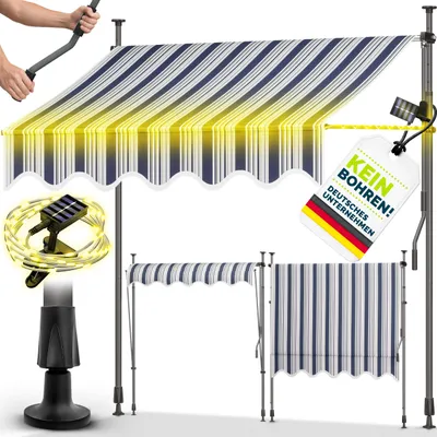 Immagine prodotto di Tenda da sole a morsetto tillvex 350 cm blu/grigio con LED a energia solare e manovella per balcone | Tenda da sole per balcone senza forature | Tenda da sole resistente ai raggi UV e regolabile in altezza | Protezione solare impermeabile
