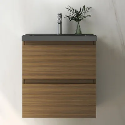 Produktbild von Waschtisch mit Unterschrank 50cm Alast Badmöbel Set Walnussbraun Waschbecken Dunklegrau mit Unterschrank Softclose
