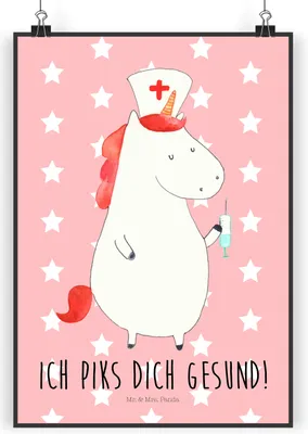 Produktbild von Mr. & Mrs. Panda Bild Einhorn Krankenschwester DIN A3 - Rot Pastell - Geschenk, Krankenpfleger, Krankenpflegerin, Wandbild, Unicorn, Ärztin, drucke, wanddeko, Krankenhaus