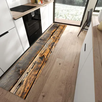Produktbild von Küchenläufer 60 x 300 cm Braun rutschfest & waschbar – Küchenteppich Rustikale Holzplanken PVC Teppichläufer Küche