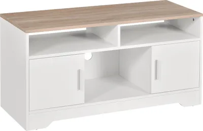 Image de HOMCOM Meuble TV Banc TV en Bois Grand Espace de Rangement avec 2 Compartiments Ouverts 2 Armoires à Porte Une Armoire Ouverte 105 x 40 x 52 cm Blanc