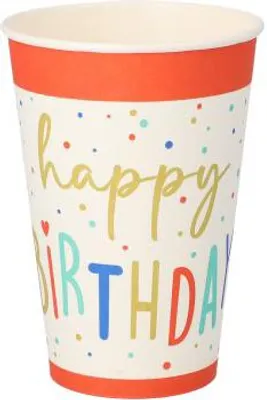 Produktbild von Trinkbecher, Pappe 0,2 l Ø 7 cm · 9,7 cm weiss "Happy Birthday"
