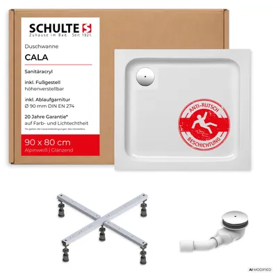 Produktbild von Schulte Duschwanne Cala, 90x80 cm, Anti-Rutsch Beschichtung, Komplettset inkl. Fußgestell und Ablauf, Acryl