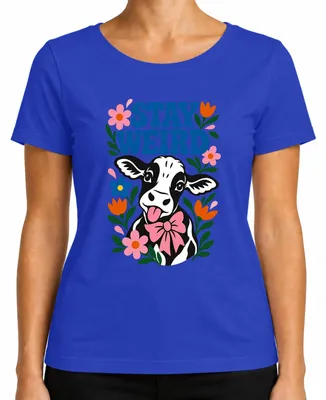 Produktbild von Stay Weird Lustige Kuh Blumen 70s Hippie Bauernhof Kalb Kälbchen Damen T-Shirt, Blau, XXL