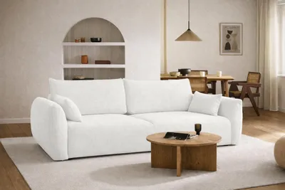 Zdjęcie produktu dla Sofa z funkcją spania i pojemnikiem, tkanina szenilowa Flow, Ecru, Zephira