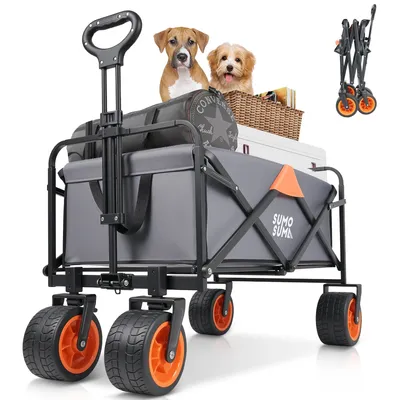 Produktbild von 7MAGIC 120L Bollerwagen Faltbar 150KG Belastbar mit Große Breiten Rädern und Bremse, Großer Camping Wagen für Strand mit Verstellbarem Griff, Grau