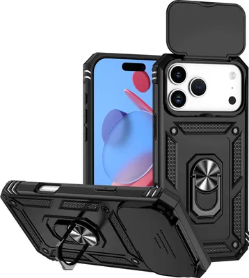Produktbild von Hülle für iPhone 17 Pro Max mit Schiebe Kamera Schutz und Ringhalter Ständer Hybrid Schutzhülle Schwarz