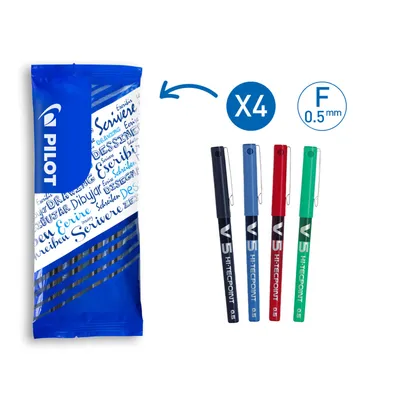 Produktbild von Pilot V5 Tintenroller mit flüssiger Tinte - Fein - Farbbereich Schwarz/Blau/Grün/Rot - 4 Stück