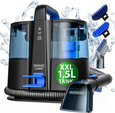 A carpet cleaner with accessories and water splashes.