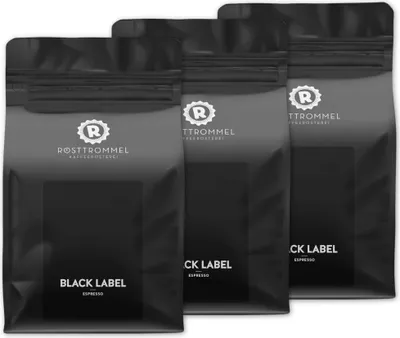 Produktbild von RÖSTTROMMEL BLACK LABEL - Special Blend ESPRESSO, Ganze Kaffee-Bohnen 3x1kg, 50% Arabica, 50% Canephora, Röstung 8.5/10, 50% Brasilien, 50% Indien, Geschmack: cremig - kräftig - zartbitter Schokolade