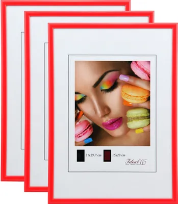 Three red picture frames are stacked on a white background. The front frame has a picture of a woman with colorful makeup and macarons.