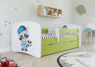 Produktbild von Kinderbett Jugendbett 70x140 cm Grün mit Matratze Rausfallschutz Schublade und Lattenrost Kinderbetten für Mädchen und Junge - Waschbär