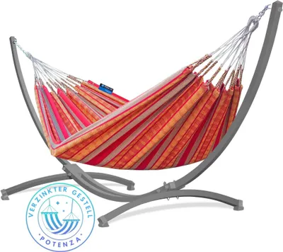 Produktbild von Potenza Outdoor Hängematte mit Verzinkter Gestell für 2 Personen I 100% Baumwolle Pereira Doppelhängematte 230x160 cm, 200kg I Grau Hängemattengestell 220kg, wetterfest