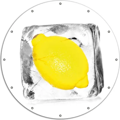 Produktbild von Wallario rundes Outdoor-Poster für Garten oder Balkon, Motiv Zitrone in Eiswürfel - Eiskaltes Obst, 120 cm Durchmesser