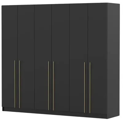 Produktbild von Drehtürenschrank Kleiderschrank RIMSZA IV 6D Schwarz/Gold 230 x 210 x 55 cm 6-türig ohne Spiegel mit Regalböden
