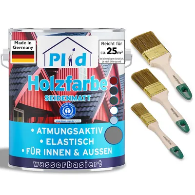 Produktbild von Plid Holzfarbe Silbergrau 2,5l + Pinselset 3-tlg. / Innen & Außen - Wetterschutzfarbe Holzfarbe Außen - Dauerhafte Holzschutzfarbe - Holzlack