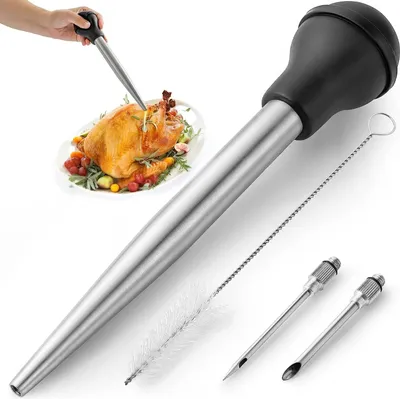 Produktbild von Edelstahl Truthahn Baster Spritze Gummi birne manuelle Pumpe Injektor mit Nadel und Reinigungs bürste Grill Gewürz werkzeug, schwarz