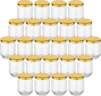 Produktbild von gouveo 24er Set Einmachgläser 190 ml rund mit Schraubdeckel goldfarben - Kleine Vorratsgläser mit Schraubverschluss - Schraubgläser zum Einkochen und Aufbewahren